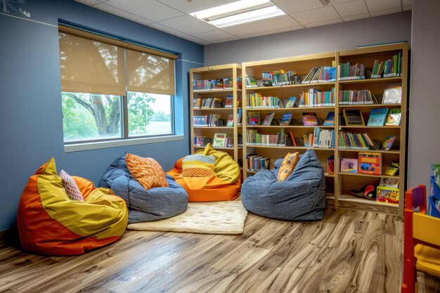 Photo a reading nook in a classroom with comfy bean bags a bookshelf and a few students immersed in the