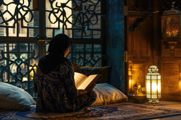 Reading the Quran in a Quiet Corner with Pillows and Soft Lighting for Comfort and Reflection