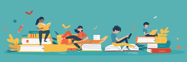 Reading Together A World of Knowledge and Imagination A colorful illustration showcasing four people reading on a bed of books emphasizing the joy and importance of reading