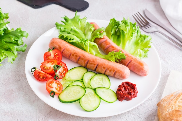 Ready to eat fried sausages chopped tomatoes and cucumber vegetables on a plate and a bun on the table Hearty homemade snack