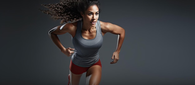 Ready female athlete poised for sprint on grey background