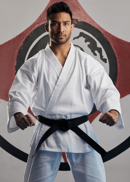 Ready for a fight Cropped portrait of a handsome young martial artist practicing karate in his dojo