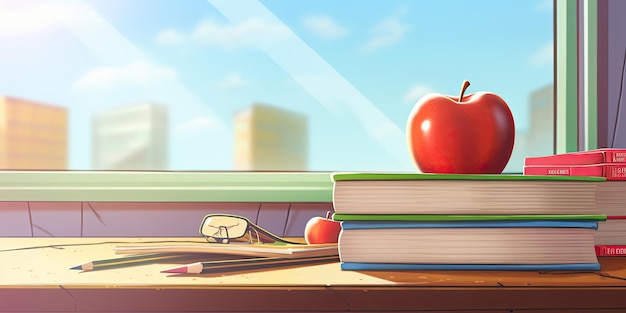 Ready for school concept background School books with fresh apple and copy space