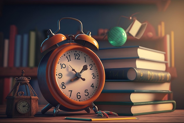 Ready for school concept background with books alarm clock Illustrator AI Generative