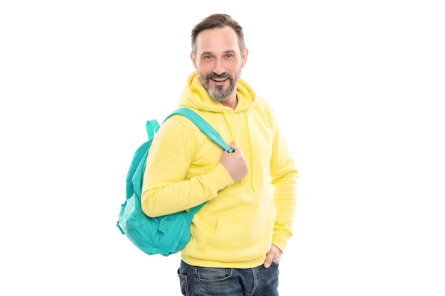 Ready to study caucasian man in yellow hoody with school bag education for adult male casual style mature happy man with beard carry backpack smiling senior guy back to school isolated on white