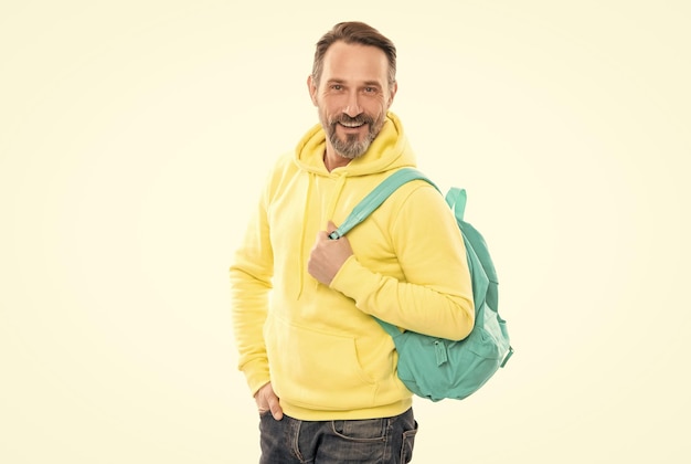 Ready to study caucasian man in yellow hoody with school bag education for adult