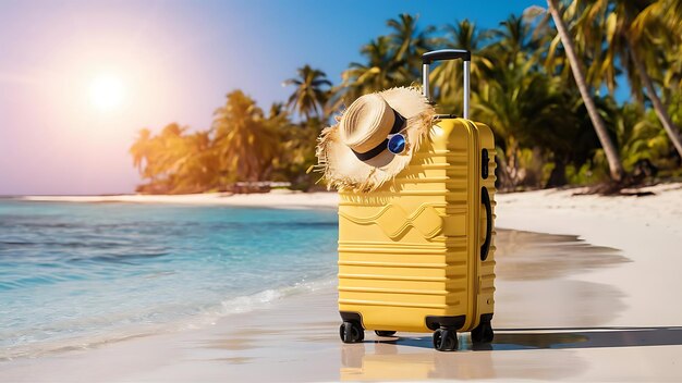 Ready for a Summer vacation Red Suitcase at The Tropical Beach with Straw Hat Summer vacation