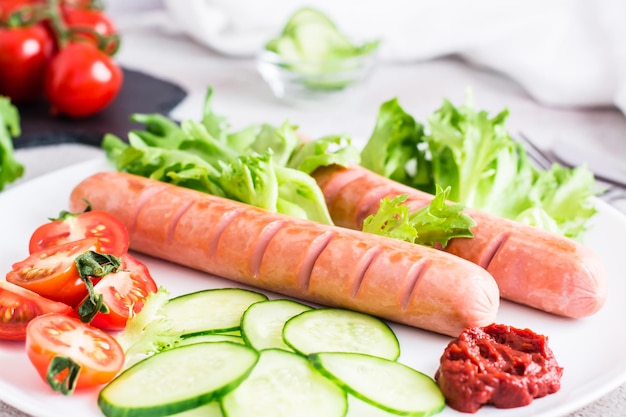 Readytoeat fried sausages and fresh vegetables on a plate Hearty homemade snack Closeup