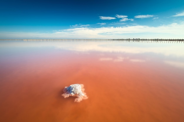 Real amazing pink color salt lake with salt stone and deep blue sky minimalistic landscape Ukraine Europe