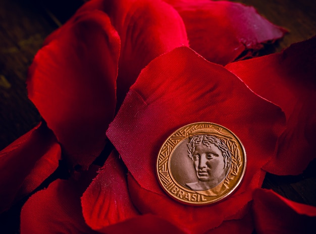 real brl A brazilian coin on artificial rose petals