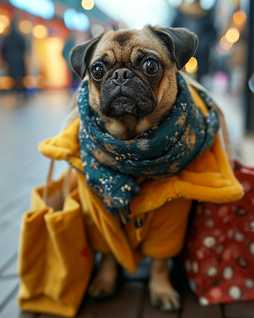 Photo a real bull dog wearing a cute little outfit holding shopping bags