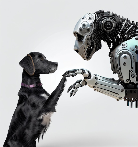 Real dog and robot dog together, fantasy illustration, funny composition technology progress concept