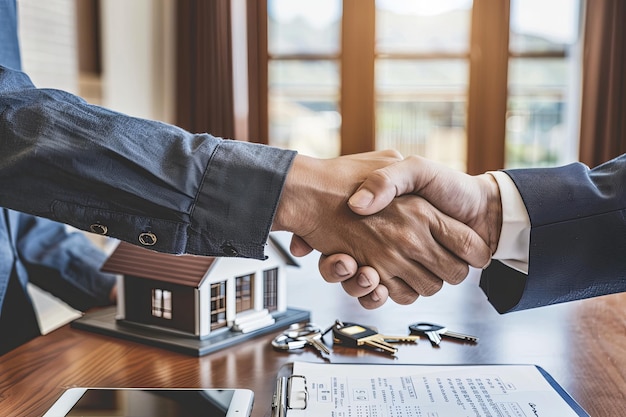 Photo real estate agent and client shaking hands after signing a contract to buy or sell a house