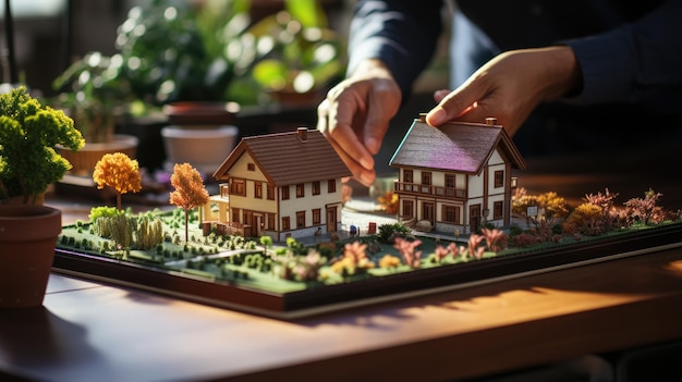 Real estate agent giving buyer house keys on office table with miniature model of house on table