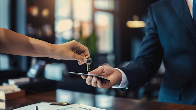 a real estate agent giving a house key