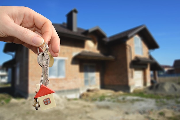 Real estate agent handing a house key Key with a key chain in the shape of house on new home background Mortgage concept