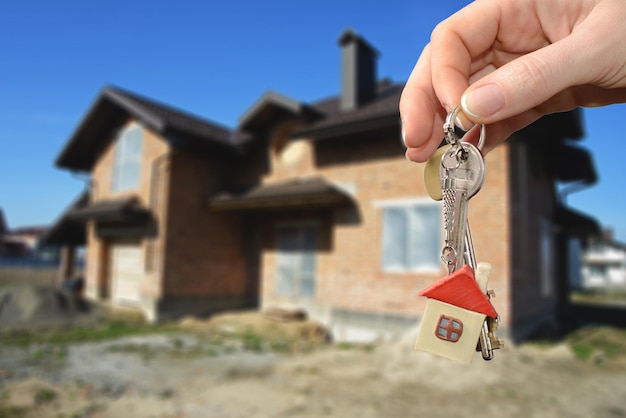 Real estate agent handing a house key Key with a key chain in the shape of house on new home background Mortgage concept