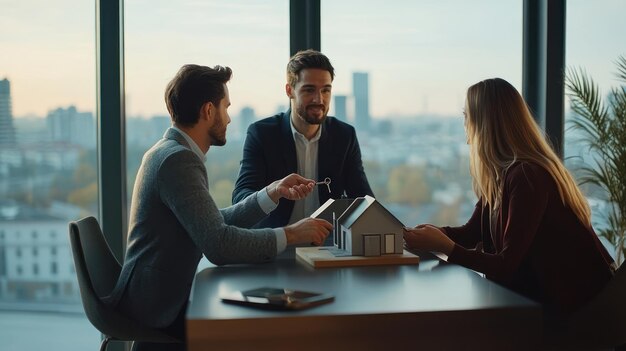 Photo real estate agent handing over house keys to happy couple in a modern office setting with a city view