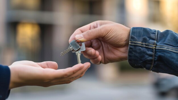 Photo real estate agent handing over keys to new homeowner of exquisite high end luxury property