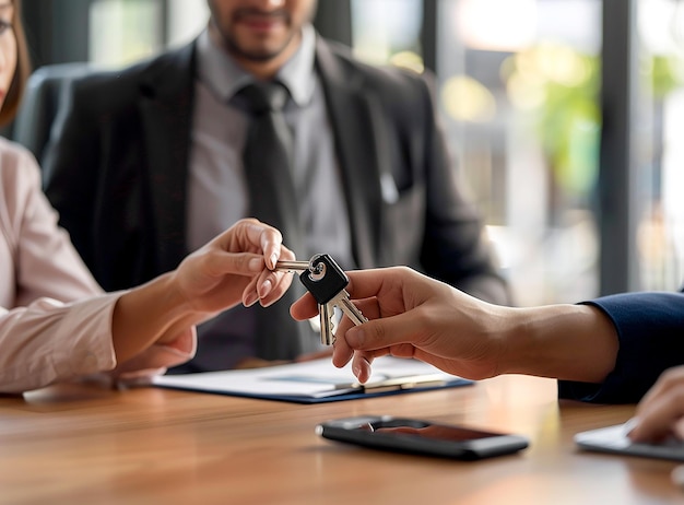 Photo real estate agent handing keys to new homeowners with family in background