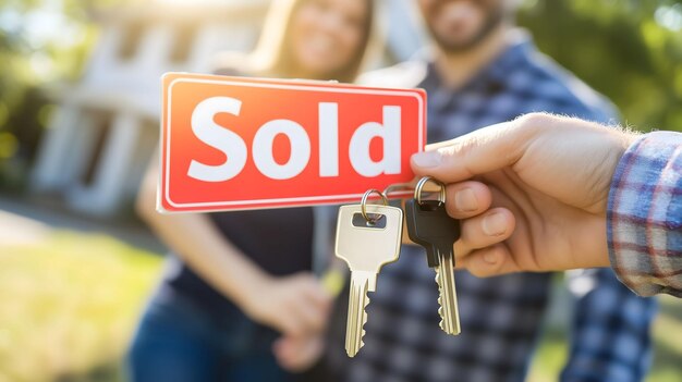 Photo real estate agent holding house keys and sold sign with happy couple