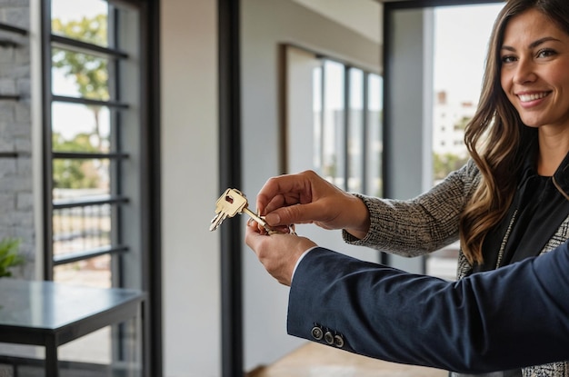 Photo real estate agent passing apartment keys to client