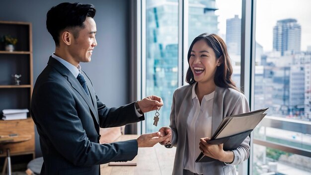 Real estate agent passing keys to his client