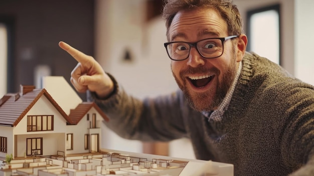 Photo a real estate agent pointing at an imaginary house layout with an enthusiastic expression