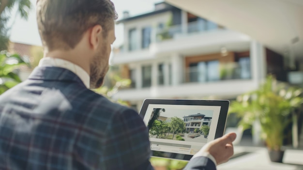 A real estate agent presenting a digital slideshow of property listings on a tablet emphasizing