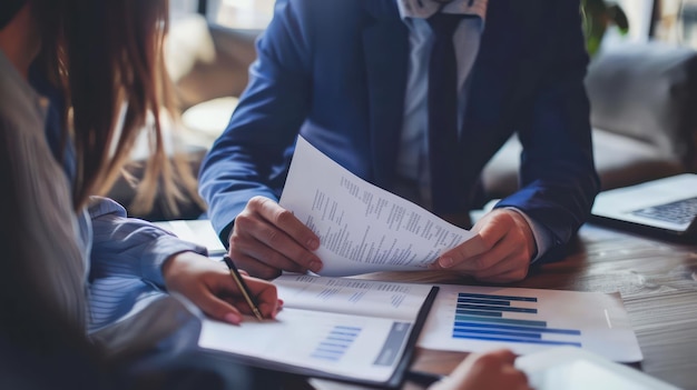 A real estate agent presenting a marketing brochure to clients