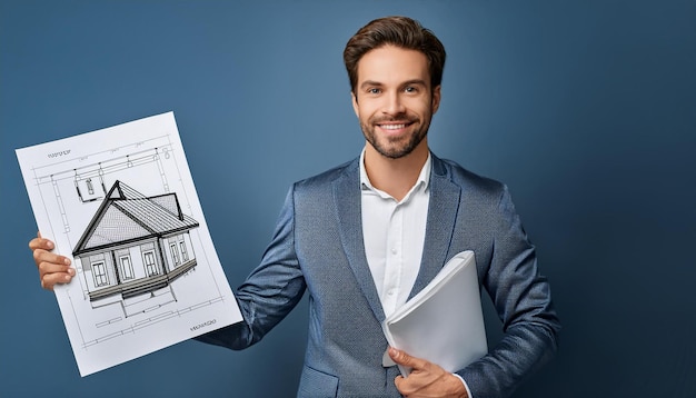 Photo a real estate agent presenting a property to potential buyers complete with floor plans