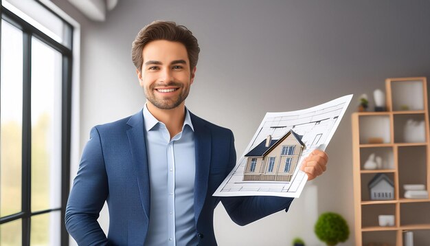 Photo a real estate agent presenting a property to potential buyers complete with floor plans