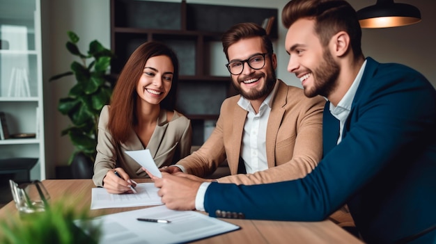 Real estate agent or realtor signing mortgage agreement for new home with couple of happy young clients Generative AI