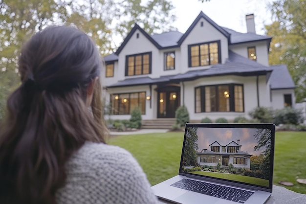 Photo real estate agent using laptop to showcase homes to clients for seamless property viewing experience