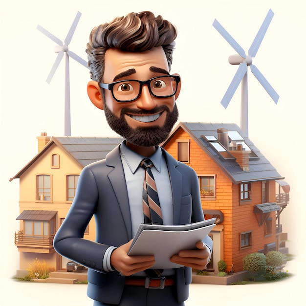 Real estate agent with house and wind turbines 3D illustration