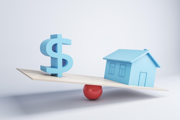 Real estate business mortgage investment and financial loan concept with house miniature and dollar sign on balancing scale with red ball 3D rendering