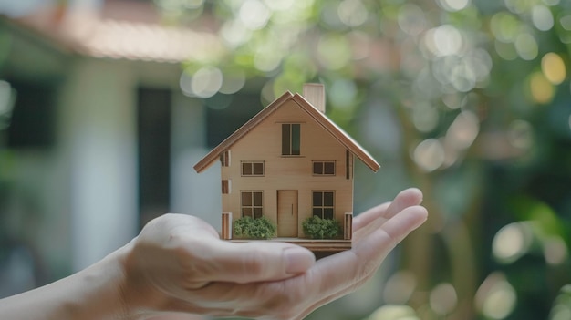 Real estate concept Hand holding wooden house model property investment