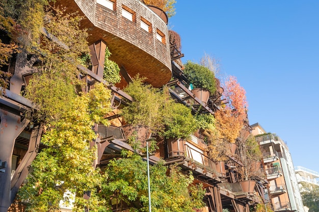 Real estate green residential building in Turin Italy Exterior with modern design plants and wood integrated