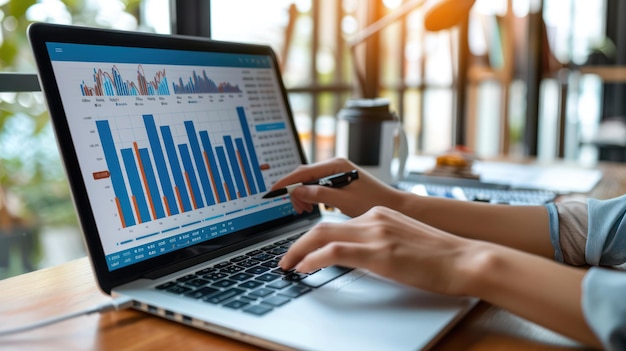 A real estate investor analyzing property market data and financial charts on a laptop making