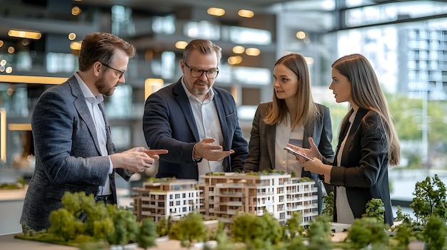 Photo real estate professionals discussing property development strategies in an office setting