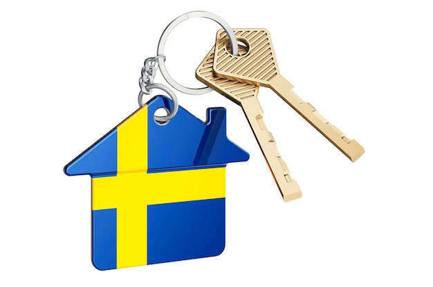 Real estate in Sweden Home keychain with Swedish flag Property rent or mortgage concept 3D rendering