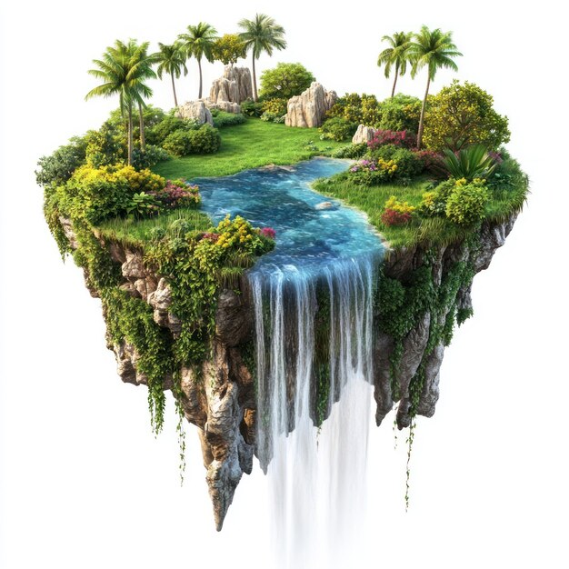 Photo real floating island waterfall landscape tropical