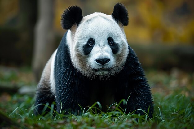 A real giant panda with a black and white color scheme walking on the grasslands of green lawns