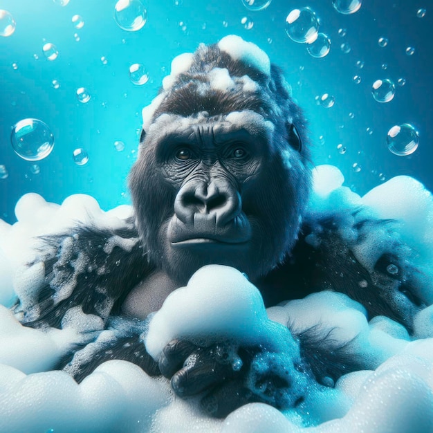 Photo real gorilla in bath with foam and bubbles blue bright background