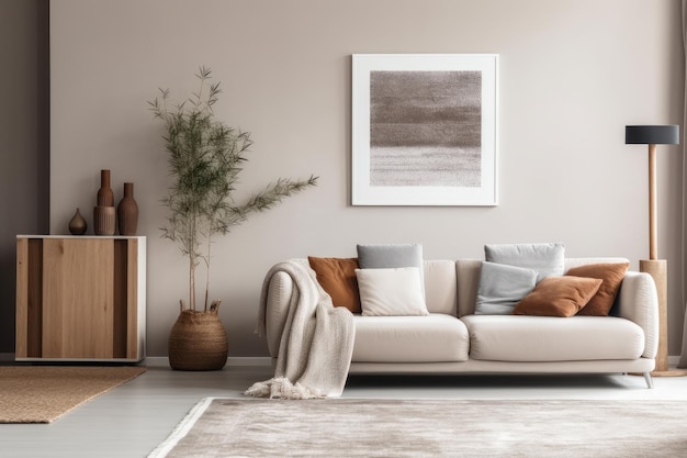 Real photo of a grey living room with a white cupboard brown carpet and posters