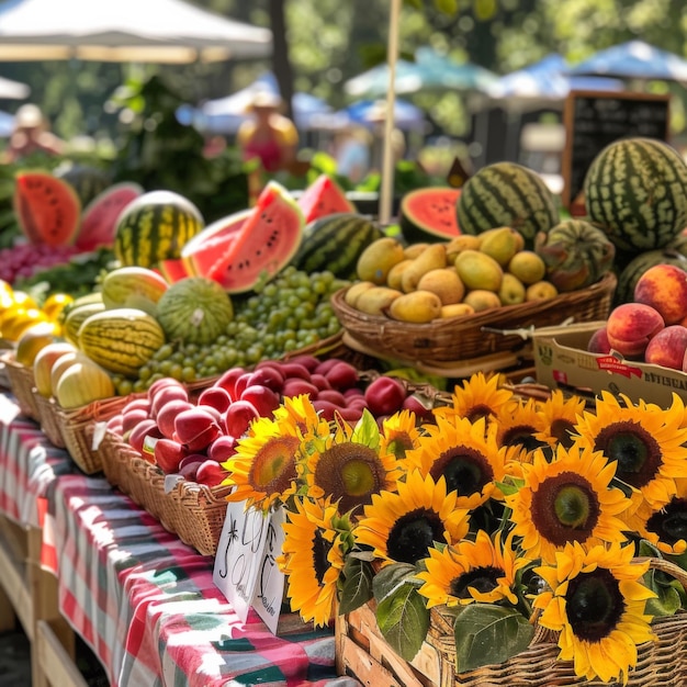 Photo a real photo of a vibrant farmers market stall