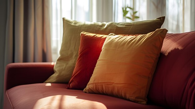 Real photo of warm color cushions on a red couch standing next to the window in cozy Generative AI