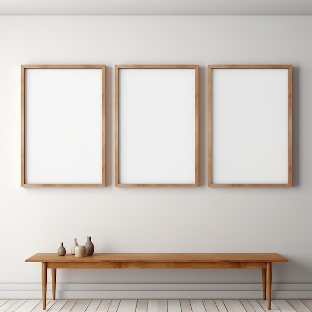 Real photo of white blank wood frame hung on the walls hyper realistic