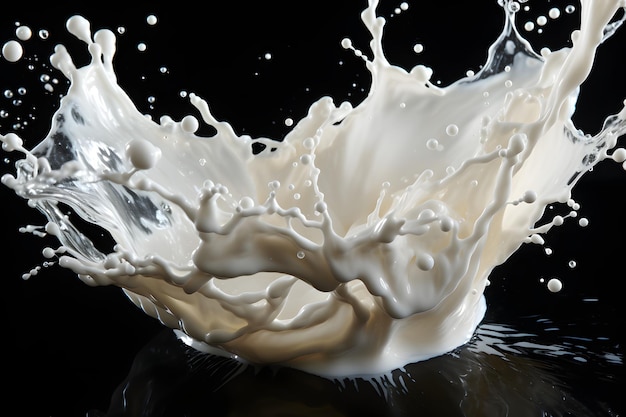 A real photographic picture of milk splash milk splash black highly reflective background