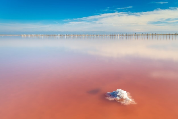 Real pink color salt lake with salt stone and deep blue sky minimalistic landscape Ukraine Europe